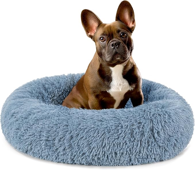 PetAmi Calming Dog Bed for Small & Medium Dogs and Cats, 23 Round Donut Dog Bed, Washable Fluffy Faux Fur Puppy & Cat Bed, Anti-Anxiety Plush Cuddler Pet Bed with Anti-Slip Bottom - Blue