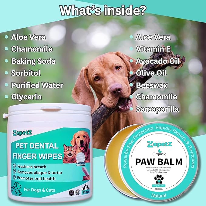 Pet Care Bundle for Dogs & Cats – 2-in-1 Paw & Nose Balm (1.75oz) + Dental Finger Wipes (50pcs) | Heals, Moisturizes & Soothes | Freshens Breath, Reduces Plaque & Tartar | Organic & Natural