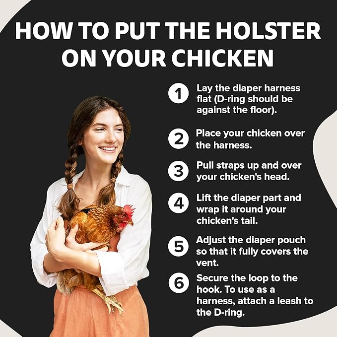 Hen Holster Starter Kit - Wrap-Around Duck Diaper w/Removable Liner & Fixed Tab - Durable, Secure Fit, Easy-to-Wear - Essential Duck Supplies for Real Ducks, Made in USA - Black, Large