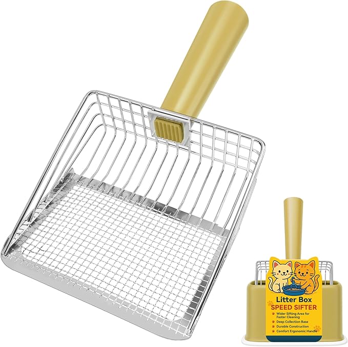 Metal Cat Litter Scoop with Holder, Heavy Duty Cat Scooper for Litter Box, Large Deep Sifter Shovel with Dual-Hole Design (10mm/5mm) for Pellets, Pine & Clay, Non-Stick Scraping Edge, Yellow