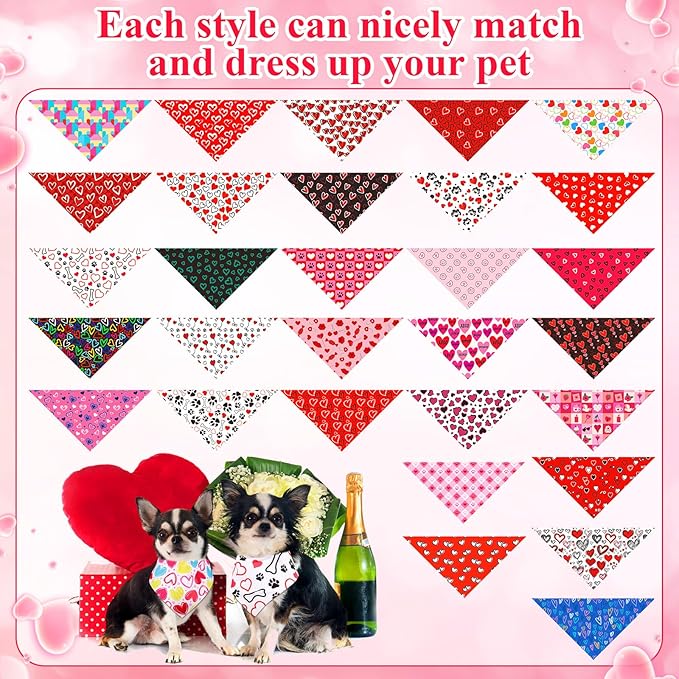 Sanwuta 120 Pcs Valentines Dog Bandanas Bulk Heart Bandanas Valentine's Day Adjustable Washable Pet Triangle Scarf Red Pink Heart Pattern Scarf for Small and Medium Dogs, 30 Style