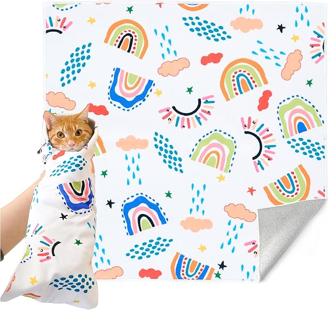 21.7'' Cat Grooming Wrap for Cutting Nails Self-Adhesive Soft Polyester Fabric Swaddle Wrap for Cats Anti-Scratch Anti-Escape Restraint for Nail Clipping Pet Cleaning and Beauty (Rainbow,L)
