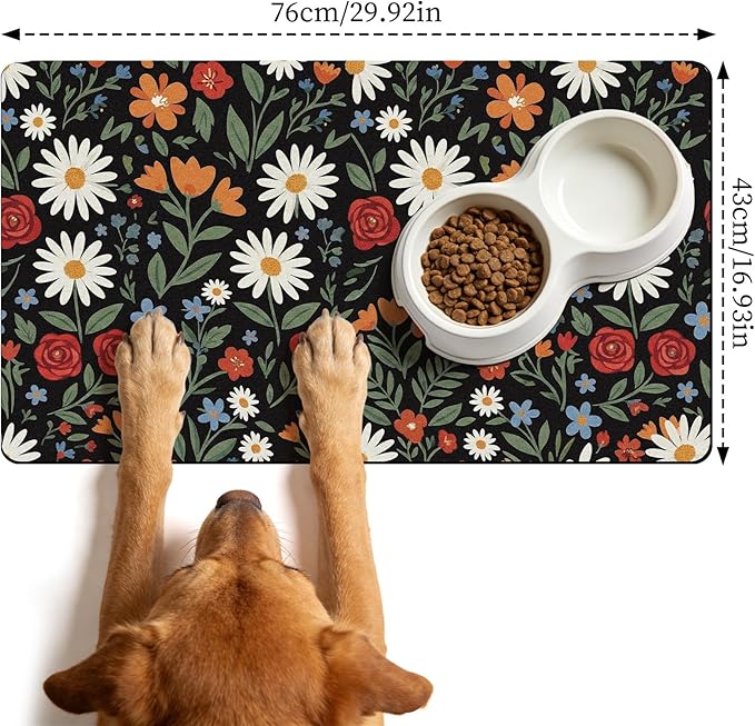 Dog Cat Food Mat - Absorbent Quick Dry Dog Bowl Mats for Food and Water, Anti Slip Cat Feeding Placemat for Floors, Diatomite Pet Dish Matts Accessories Supplies, Floral Style, 17 * 30in