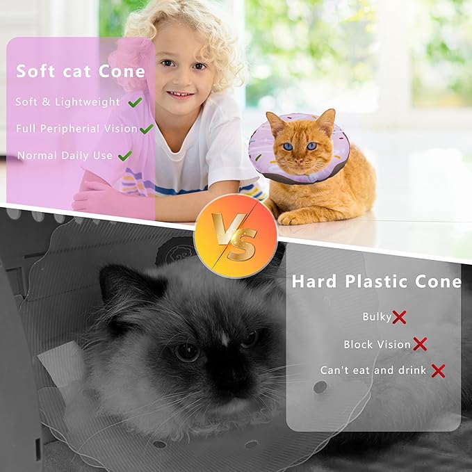 Seyezo Cat Cone Collar Soft, Adjustable Cat Recovery Collar Kitten Cones to Stop Licking, Cute Donut E Collar After Surgery, Cats Neck Pillow Cone Elizabethan Cones of Shame (Waterproof Purple, Large)