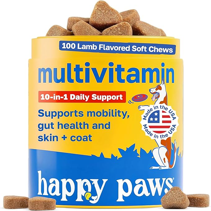 Happy Paws 10-in-1 Dog Multivitamin, Supplements for Dogs for Daily Nutritional & Immune Support, Suitable for All Breeds & Ages with Coconut Oil, Vitamin D3 and Biotin, Vegan Lamb Flavor, (100 Chews)