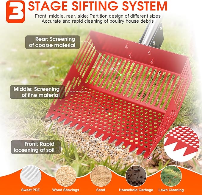 Heavy Duty Chicken Poop Scooper & Rake 2 in 1,Adjustable Angle Handle Chicken Coop Metal Litter Scoop & Sand Sifting Shovel,Pooper Scooper for Dog,Cat,Poultry,Farm Animals,34"-66"