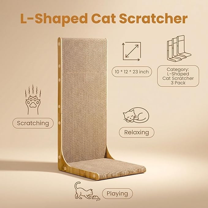 SMARTBEAN 3-Pack Cardboard Cat Scratcher for Indoor Cats, 23 Inch L Shaped Vertical Cat Scratching Post, Cat Scratching Board for Wall and Couch, Large
