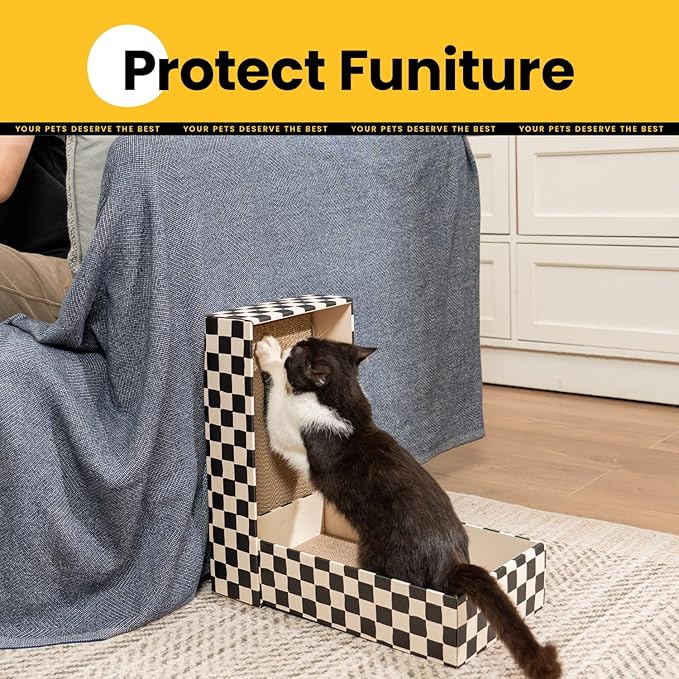 Conlun Cat Scratcher Box with 4 Scratching Pads&2 Separate Cardboard Boxes,2-in-1 Cardboard Cat Scratch for Multiple Kitten Interactive Play,Checkered(Ball & Fish Catnip Toy Included)
