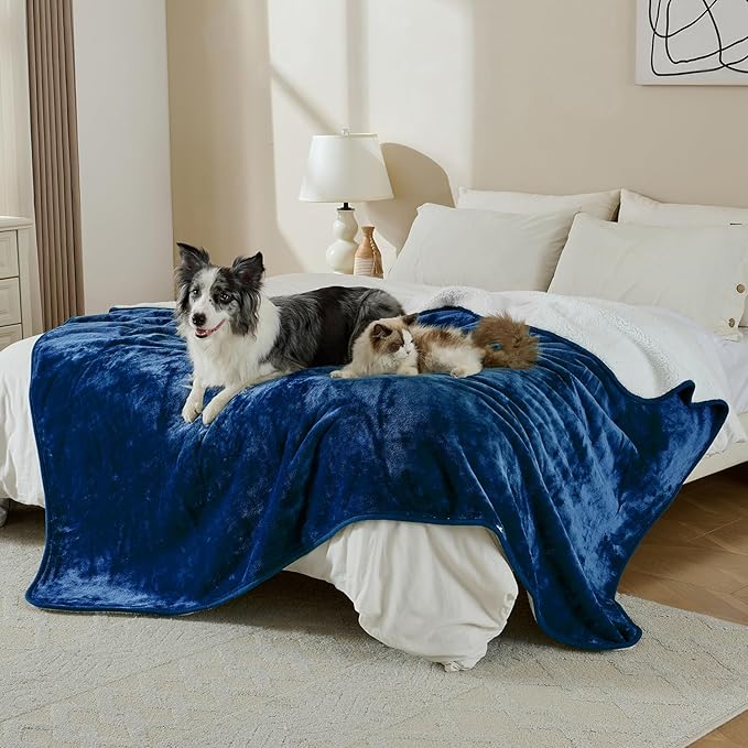 Waterproof Blanket for Bed Couch Sofa, Soft Liquid Pee Proof Pet Blanket for Dog Puppy Cat, Reversible Sherpa Fleece Furniture Protector (Navy Blue, 60x80 inches)