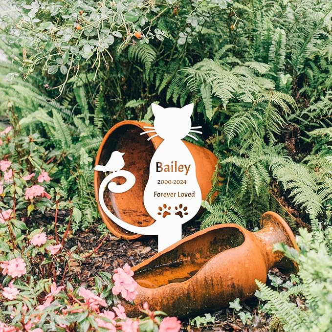 Personalized Pet Cat Memorial Grave Garden Stake for Cemetery, Custom Bird Cat Memorial Grave Marker Outdoor for Loss of Cats, Pet Remembrance Gifts Cat Plaque Stake Grief Funeral