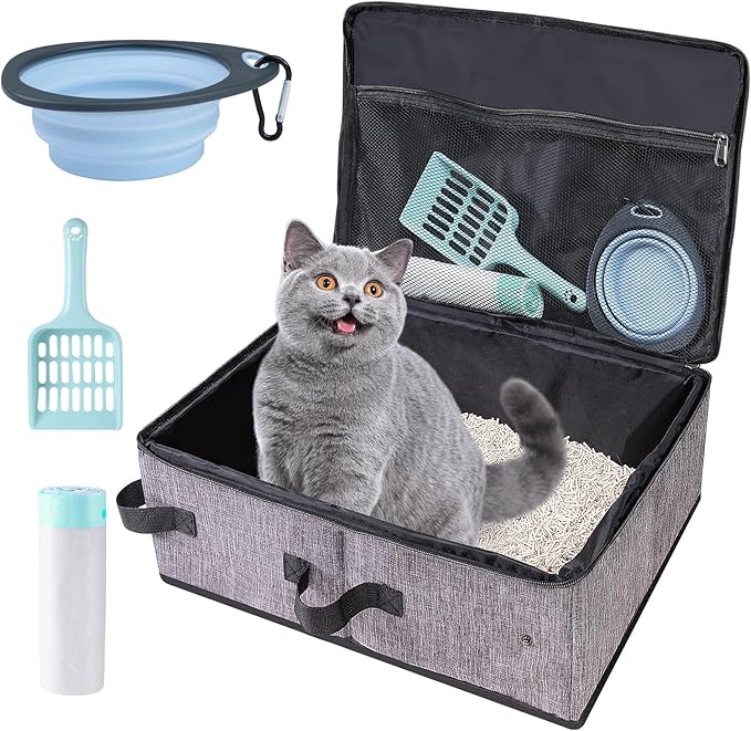 Travel Litter Box for Cats in Car with Lid and Cat Litter Scoop,Portable Cat Litters Case with a Bowl and 10 pcs Disposable Liner Bags,Leak-Proof and Collapsible
