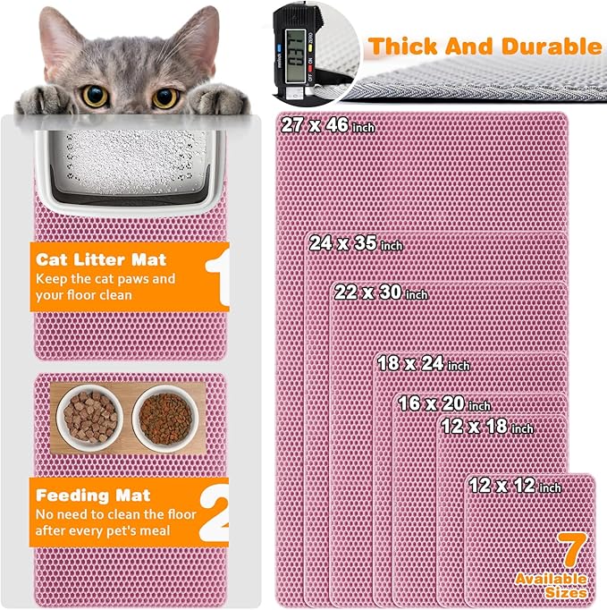 Waterproof Cat Litter Mat, Double Layer EVA, Odor-Free Large Grid, Urine Proof, Easy Cleanup (Pink, 27 x 46)