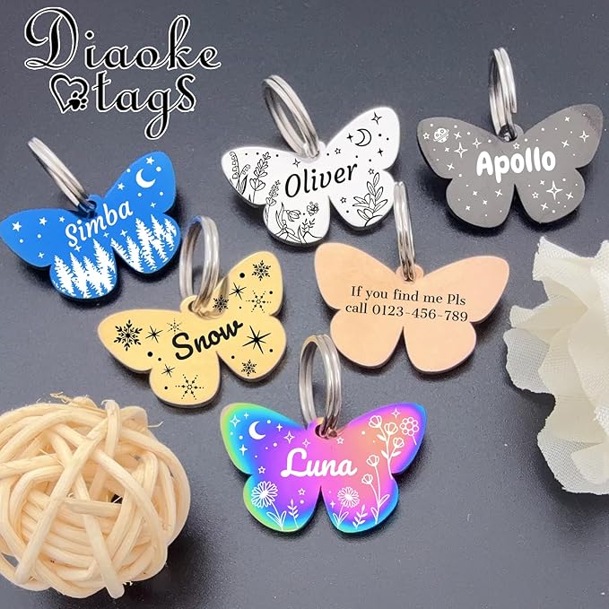 Personalized Dog Tags and Cat Tags, Stainless Steel Pet ID Tags, Collar Charm Engraved on Both Sides, up to 4 Lines of Custom Text, Various Patterns and Colors Options (Butterfly)