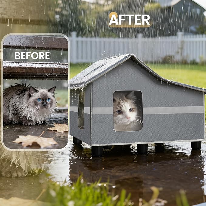 Outdoor Cat House Weatherproof, Outside Cat House for Outdoor Feral Cats, Insulated Cat Shelter with Cozy Mat and Elevated Bases