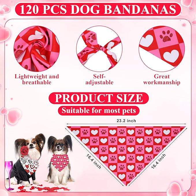 Sanwuta 120 Pcs Valentines Dog Bandanas Bulk Heart Bandanas Valentine's Day Adjustable Washable Pet Triangle Scarf Red Pink Heart Pattern Scarf for Small and Medium Dogs, 30 Style
