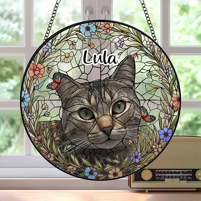 Custom Pet Memorial Sun Catcher, Glass Window Hanging with Photo, Floral Tribute Keepsake, Sympathy Gift for Dog or Cat Loss 2