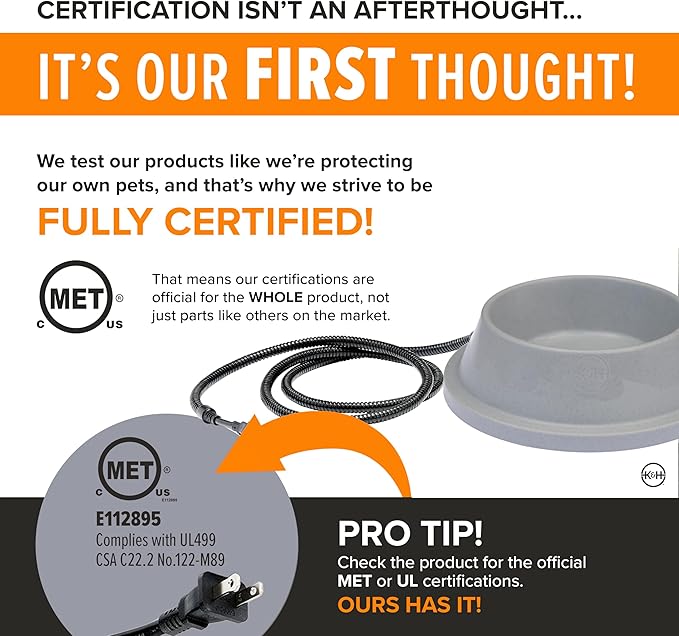 K&H Pet Products Thermal-Bowl Heated Water Bowl for Cats & Dogs Outside, Safety Listed Outdoor Heated Dog Dish for Pets, Automatic No Freeze, Anti Chew Cord - 32 Ounces Gray 12W