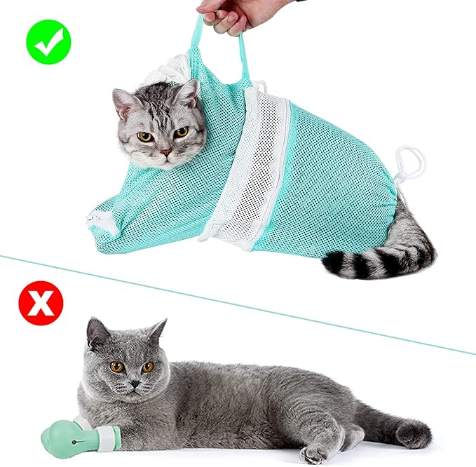 Cat Bathing Bag Adjustable Cat Grooming Net Bag Anti-bite & Anti-Scratch Cat Bath Washing Restraint Bag, Breathable Mesh Cat Grooming Bag for Shower, Nail Trimming, Injection (Light Green)
