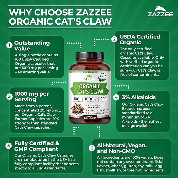 Zazzee USDA Organic Cat’s Claw 20:1 Extract, 1000 mg, Standardized to 3% Alkaloids, 100 Vegan Capsules, 20X Potency, Immune System and Joint Support, Non-GMO, All-Natural, Made in The USA