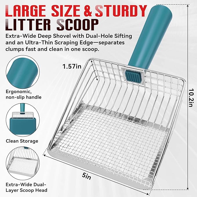 Metal Cat Litter Scoop with Holder, Heavy Duty Cat Scooper for Litter Box, Large Deep Sifter Shovel with Dual-Hole Design (10mm/5mm) for Pellets, Pine & Clay, Non-Stick Scraping Edge, Blue