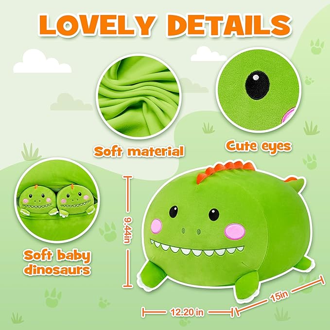 Dinosaur Plush, Stuffed Animal Set with 4 Baby Dinos, Soft Stuffed Toy Pillow, Cute Birthday Gift for Kids Boys Girls (15")