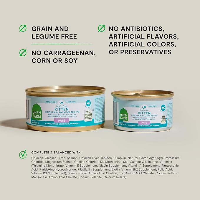 Open Farm Canned Kitten Food, Pate for Complete & Balanced Nutrition, Grain Free and Legume-Free Wet Kitten Food, Chicken & Salmon Recipe, 5.3oz Cans (Case of 12)