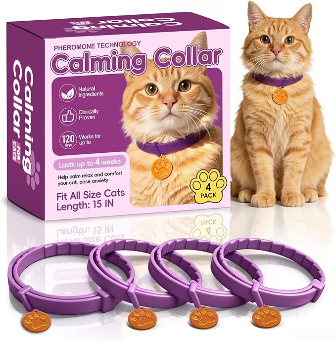 Calming Collars for Cats, 4 Packs Adjustable Calming Cat Collar with Pheromone Scent, with Yellow Gold Pendants, 120 Days Calm Relief for Anxious Cats, 15 Inch, Purple