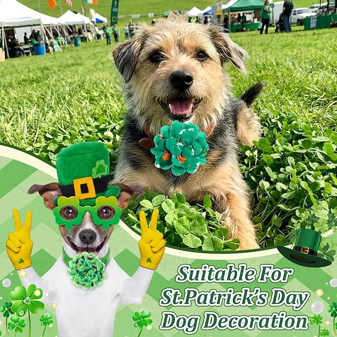 50 Pieces St Patricks Day Dog Collar Flowers Bulk Green Shamrocks Leprechauns Dog Charms Grooming Accessories Bowtie Flower for Puppy Cat Collar Attachment Embellishment Irish Party Costume