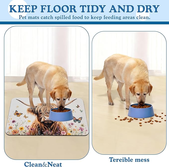 Highland Cow Butterfly Dog Food Mat–Christmas Stocking Absorbent Quick Dry Feeding Placemat for Food and Water Bowls, Non Slip Rubber Backing, Waterproof Pet Supplies for Mess-Free Eating 16"x24"