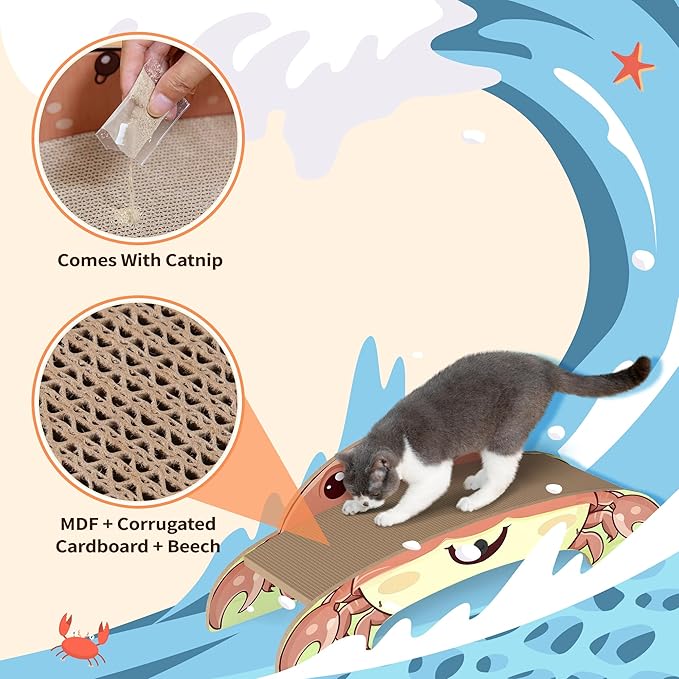 Crab-Shape Cardboard Cat Scratcher Bed Lounge for Indoor Cats, Durable 2-Side Curved Cute Cat Scratching Board Kitten Scratch Pad, Colorful