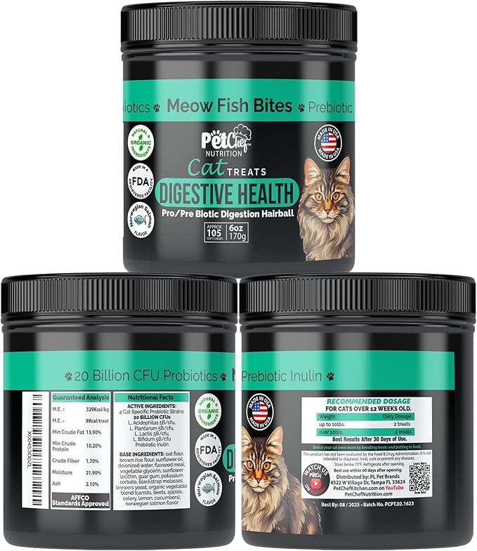 Pet Chef Probiotic Treats for Cats Digestive & Gut Health Support for Indoor Cats, Coat Softening Blend, Helps Reduce Diarrhea - Suitable for All Breeds