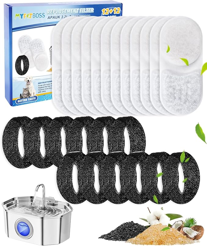 12+12 Pack Cat Water Fountain Filter Replacement Compatible with APAUK Automatic 108oz/3.2L Cat Fountain, Activated Carbon Water Filter for Cat Fountain & Sponges