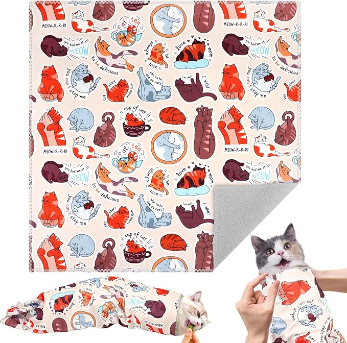 27.6" Cat Grooming Wrap for Cutting Nails, Cat Pattern Self-Adherent Fabric Wrap for Cats, Anti-Scratch Anti-Escape Multifunctional Cat Swaddle Tool for Teeth Brushing, Ear Cleaning