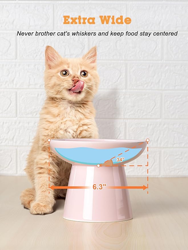 LoeJan Elevated Cat Food and Water Bowls Set, Extra Wide and Raised Ceramic Feeder, Anti-Vomit Whisker-Free Pressure Feeding Bowl for Kittens Adult Cats Small Dogs(Pink, Food Bowl)