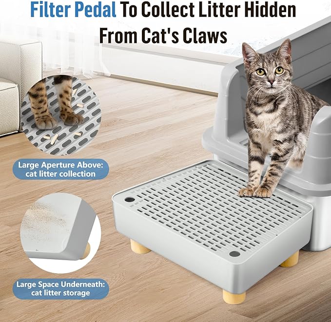 Extra Large Cat Litter Box Step Ramp, Cat's Litter Catcher Mat with Wooden Feet, Filter Function, Pedal Stool for Self-Cleaning Cat Litter Box, Ideal for Kitten & Elderly Cats (Light Grey)