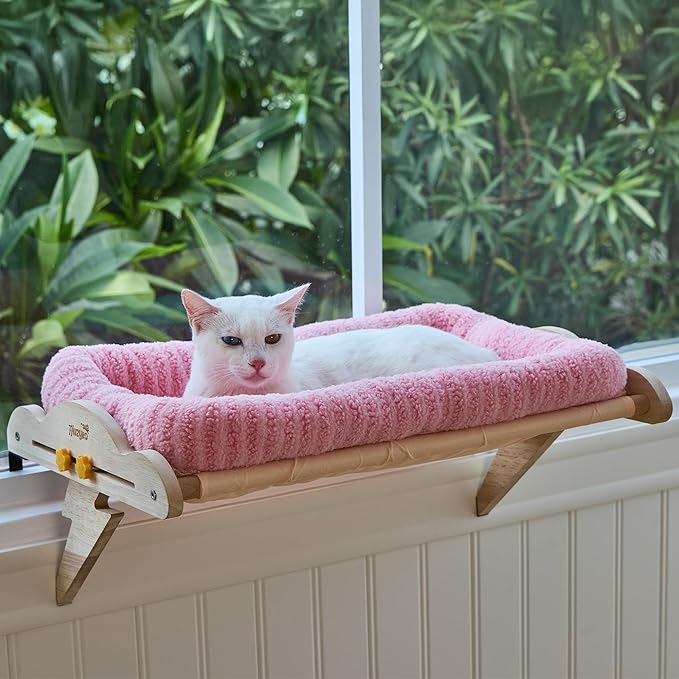 Large Hanging Cat Window Perch & Seat - Sturdy Solid Wood Frame, Easy to Adjust Hammock Bed with Padded Enclosure | for Windowsill & Shelf | Beds for Inside Cats, Indoor Cats & Small Dogs