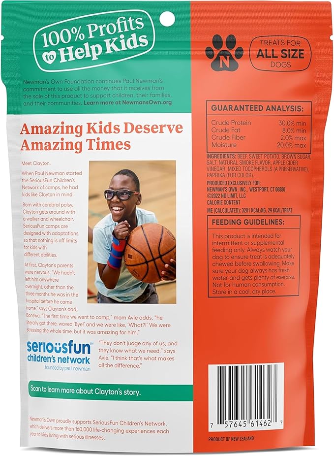 Newman's Own Beef & Sweet Potato Jerky Dog Treats, 5 oz Bag (Pack of 6) — High Protein, Grain Free, Grass-Fed as Beef First Ingredient, Chewy Wholesome Training Rewards
