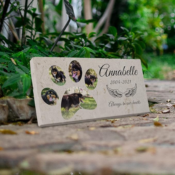 Personalized Pet Memorial with Keepsake Photo on Limestone - Headstones, Garden Stones, and Grave Markers for Dogs - Dog Memorial Stone, Pet Memorial Gifts - 12”x 6”x1.25" D (C. Annabelle Design)