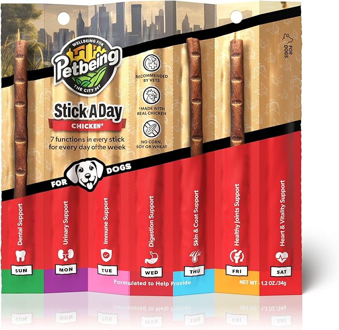 Stick a Day for Dogs | Specially Formulated 7-in-1 Functions Daily Real Meat Supplement for Dogs | Dog Chew Stick & Pet Vitamins Supplements Combination (7-Pack x 4, Chicken)