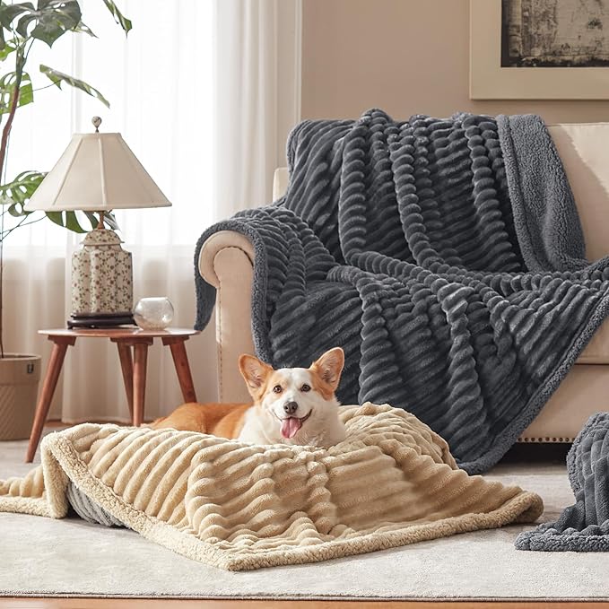 Waterproof Dog Blanket for Large Dogs, Washable Soft Puppy Cat Blanket Flannel Cotton Velour for Sofa Couch Protector, Comfort & Security Reversible Bed Protection for Pet, 40"X50", Gray