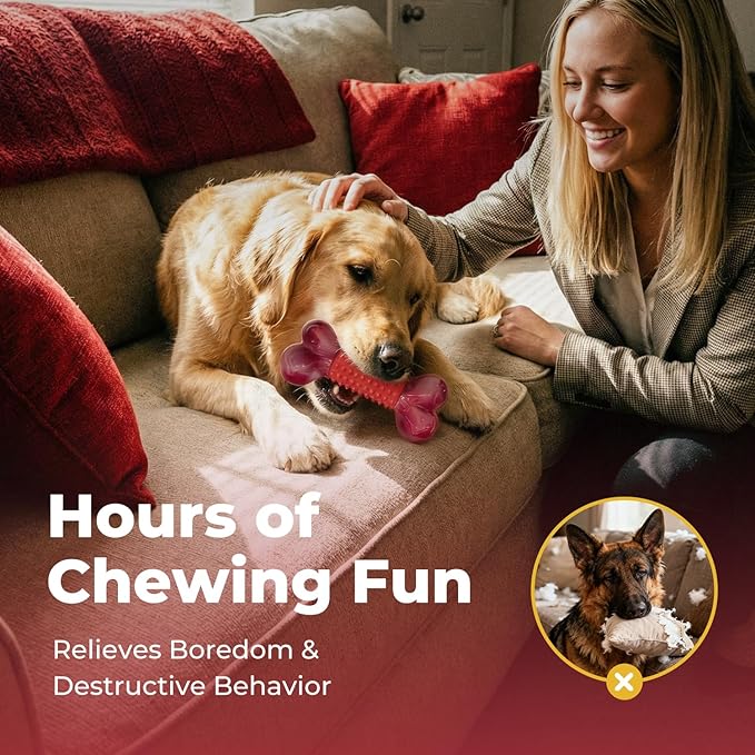 Apasiri 2-Pack Tough Dog Toys for Aggressive Chewers: Beef Flavored Long Lasting Dog Bones for Large Dogs, Heavy Duty Nylon & Rubber Dog Chew Toys to Keep Them Busy, Medium & Large Breed, Red