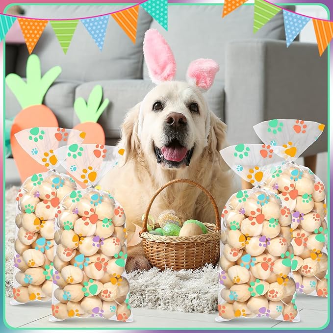 Blulu 200 Pcs Spring Dog Treat Bags Pet Paw Cellophane Bags Dog Party Favor Heat Sealable Treat Paw Gift Cat Candy Bag with 200 Silver Twist Ties for Pet Party Favors