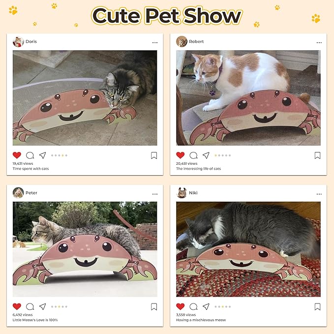 Crab-Shape Cardboard Cat Scratcher Bed Lounge for Indoor Cats, Durable 2-Side Curved Cute Cat Scratching Board Kitten Scratch Pad, Colorful