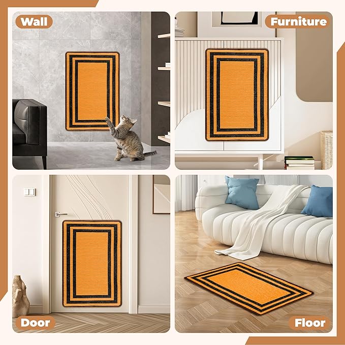 Cat Scratcher Mat, 23.6x15.7 Inch Natural Sisal Cat Scratch Pad, Horizontal Cat Scratching Pad Rug for Indoor Cats with Sticky Tapes, Protect Couch & Carpets（Brown Black）