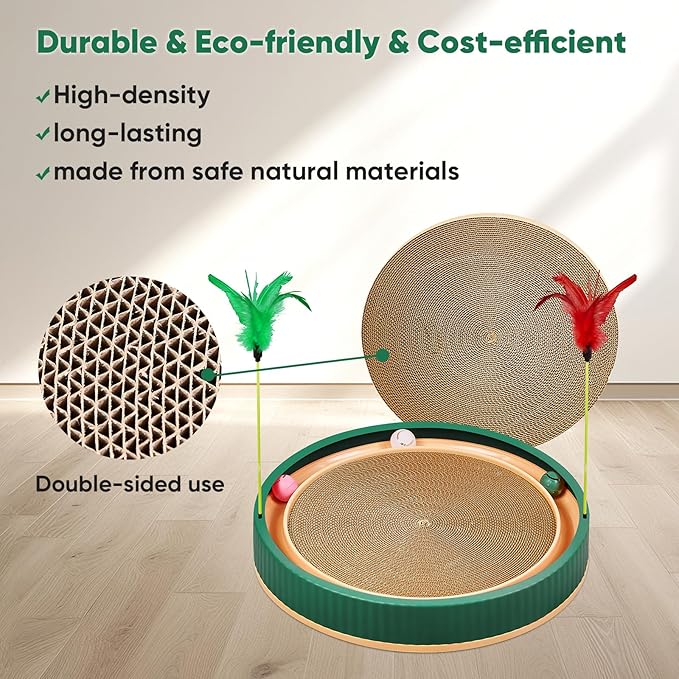 20-Inch Round Cat Scratcher Bed with Ball Track – 3-in-1 Interactive Cardboard Scratching Pad with Feather Toy & Non-Slip Base – Great for Indoor Cats, Active Kittens & Large Breeds (Green)
