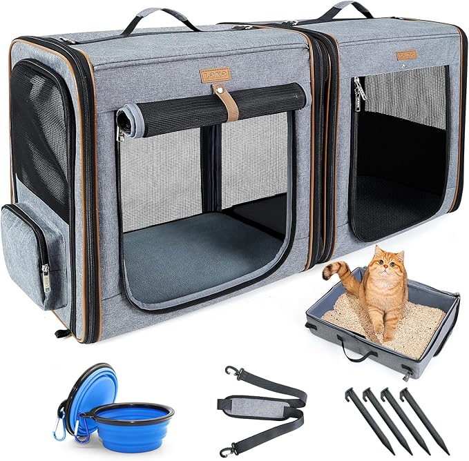 Lekereise Extra Large Cat Carrier for 2 Cats, 2-in-1 Cat Travel Carrier with Litter Box, (20.85" x2) x19.7"x19.7" Pet Carrier with Zipper Locks for Moving Across The Country (No Hammock) - Grey