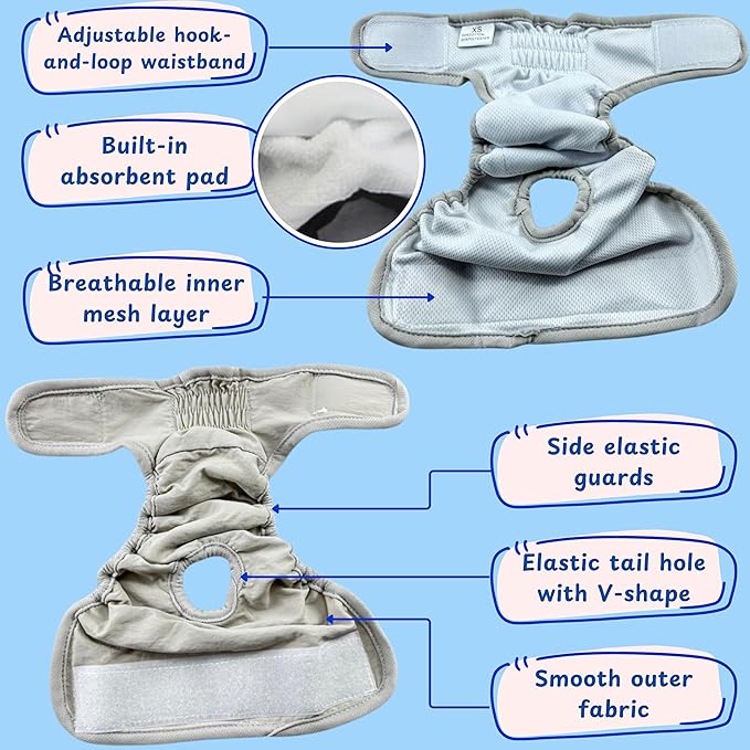 Bearded Dragon Diaper Accessories with Reusable Pad, Adjustable Wearable for Short Handling and Travel, Bearded Dragon Accessories, Reptile Travel Carrier Essentials (Grey)