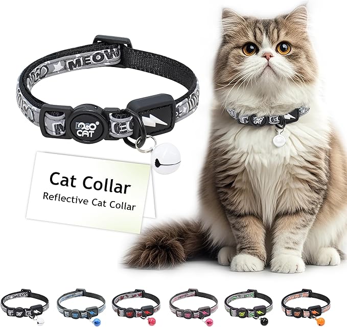 DOCO Cat Collar Breakaway Safety Buckle with Bell | Reflective Black Adjustable Nylon Collar for Kittens & Adult Cats | Comfortable & Safe for Girls & Boys | Neck 3/8" x 7.5-12", Up to 13lb