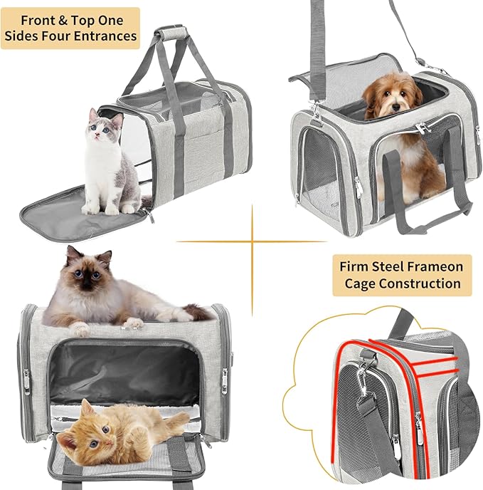 Soft-Sided Cat/Dog/Pet Carrier, Collapsible Pets Travel Carriers for Big Cats/Small Dogs with Shoulder Strap & Removable Mat, Mesh Puppy Carry Bag, Up to 16 Lbs, TSA Airline Approved(Beige)