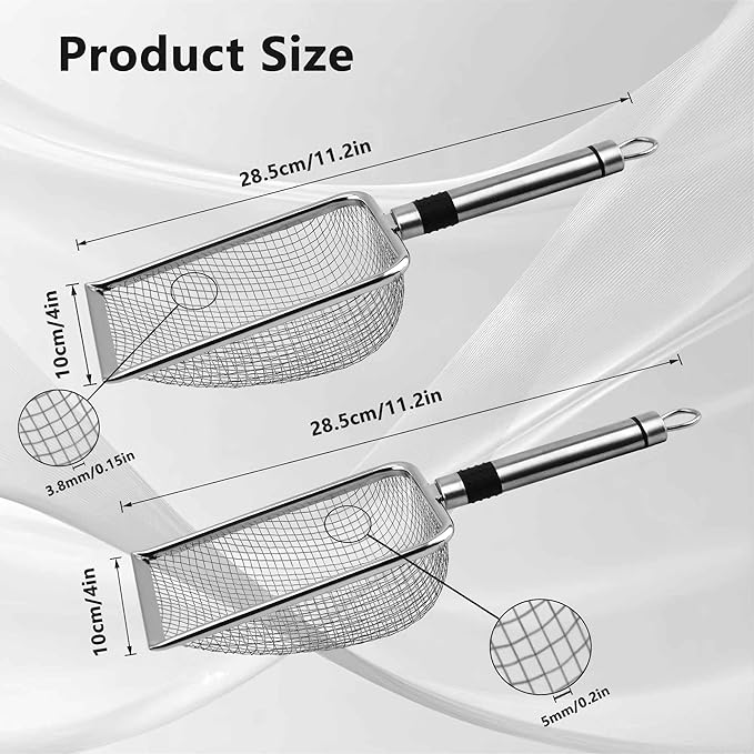 Chicken Poop Scooper 2 Pack, Stainless Steel Chicken Coop Scoop with 3.8mm & 5mm Mesh, Metal Litter Scoop for Chicken Coop Cleaning, Cat Litter Box and Sand